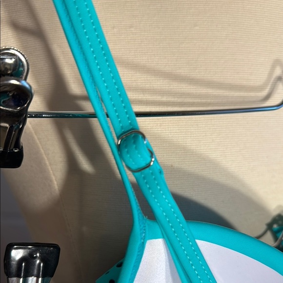 Super Cute Holypick Top & Gottex Bottom Teal/Navy Bikini Set Perforated Ruffle - Picture 13 of 15